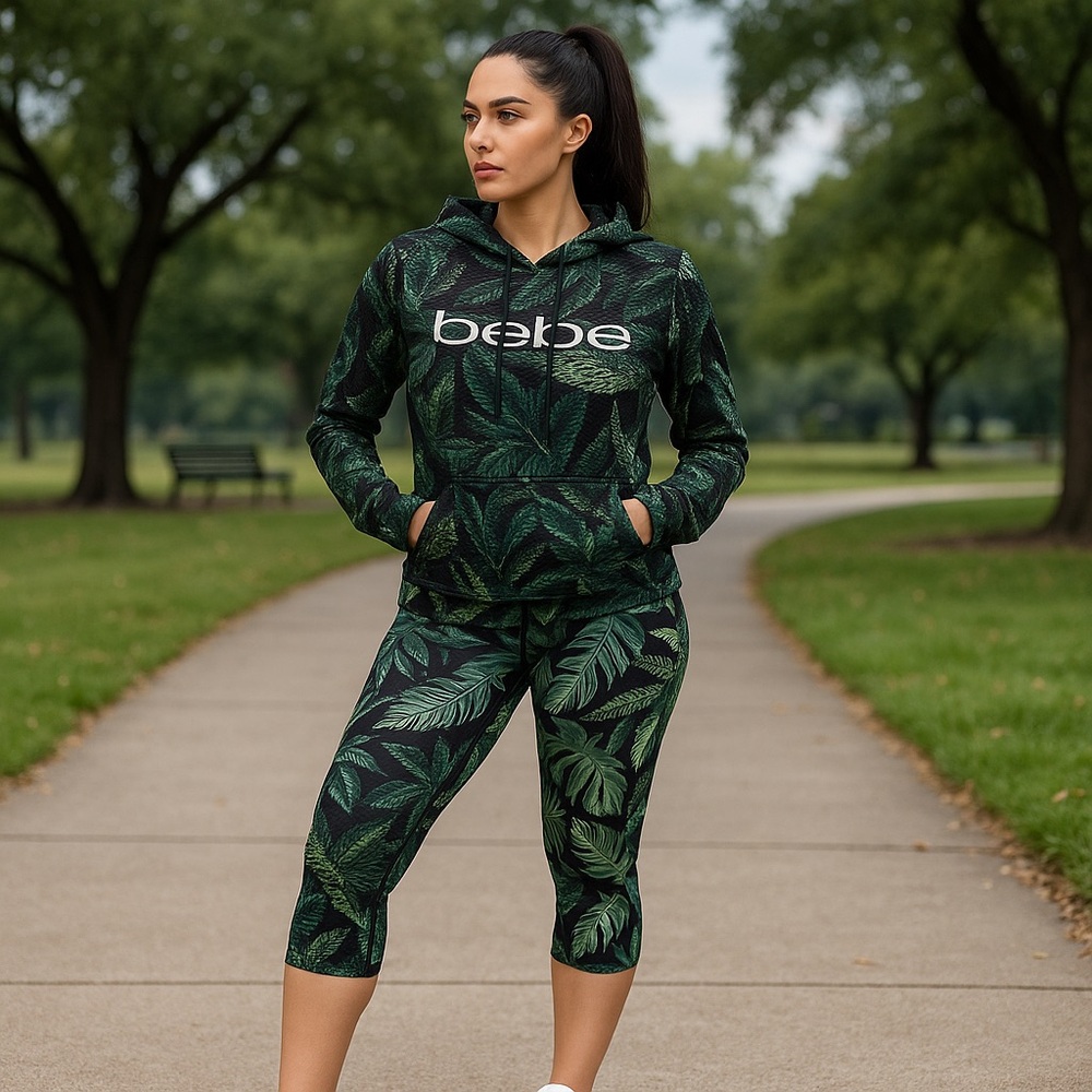 Bebe Sport Tropical Leaf Mesh Hoodie & Capri Leggings Set XL NWT Luxe Activewear